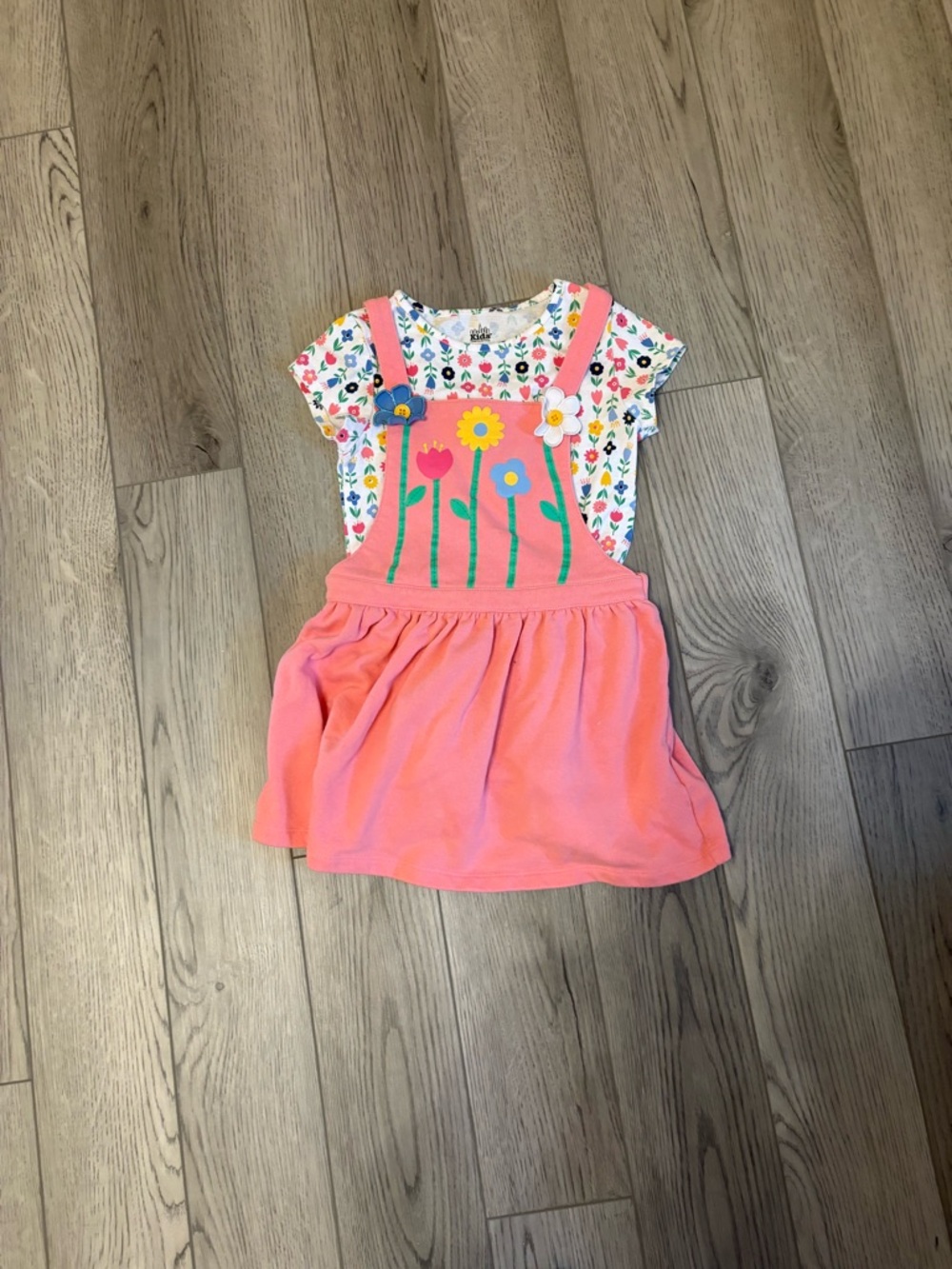 Kids Headquarters Pink Floral Applique Pinafore Set with Printed Tee